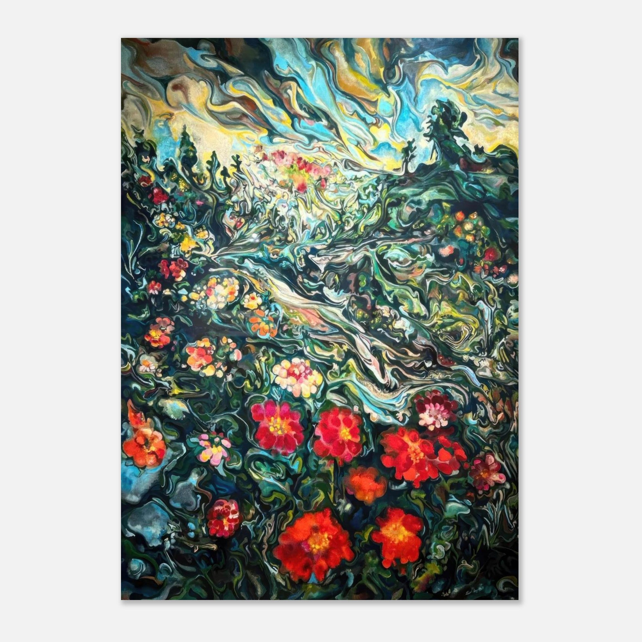 Abstract floral landscape painting poster featuring vibrant flowers and swirling natural elements in rich color palette.