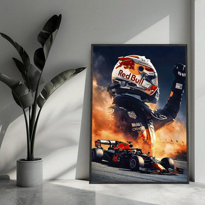 Max Verstappen Red Bull Fine Art Print showcasing a victorious F1 moment, framed in a stylish interior setting.