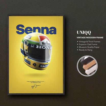 Vintage framed art of Ayrton Senna's iconic helmet on a yellow background, highlighting motorsport legacy and sophistication.