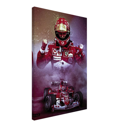 Michael Schumacher canvas artwork depicting the legendary driver in Ferrari gear with his race car, celebrating his iconic career.