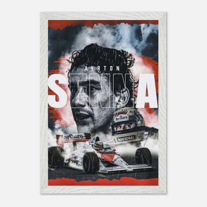 Ayrton Senna framed fine art print featuring vibrant colors and sharp details, perfect for F1 enthusiasts and collectors.