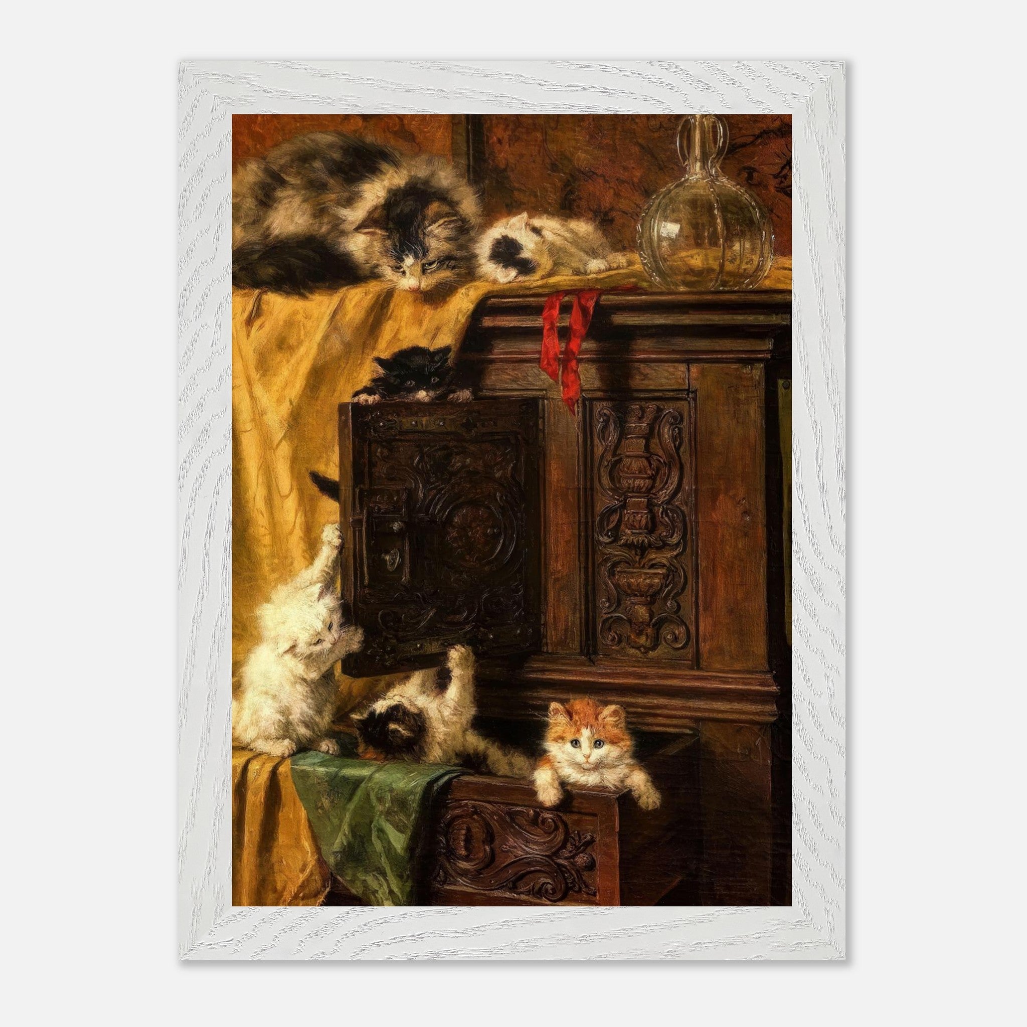 Vintage cat painting featuring playful kittens exploring a wooden cabinet, framed for timeless charm in home decor.