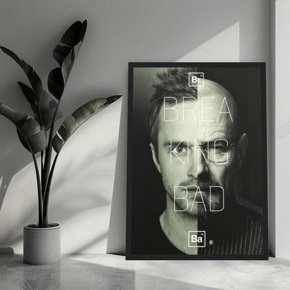 Jesse x Walter Breaking Bad framed print featuring split-face design, perfect for fans and collectors, sleek wall decor.