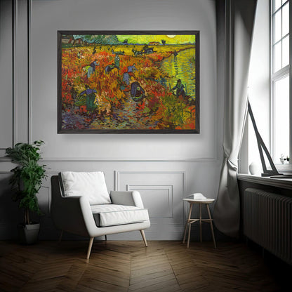 The Red Vineyard by Van Gogh, vibrant museum-quality Giclée print displayed in a stylish living room setting.