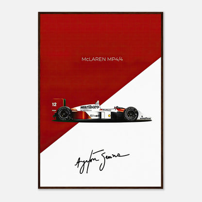 Ayrton Senna McLaren MP4/4 framed print featuring iconic race car and signature on a bold red and white backdrop.