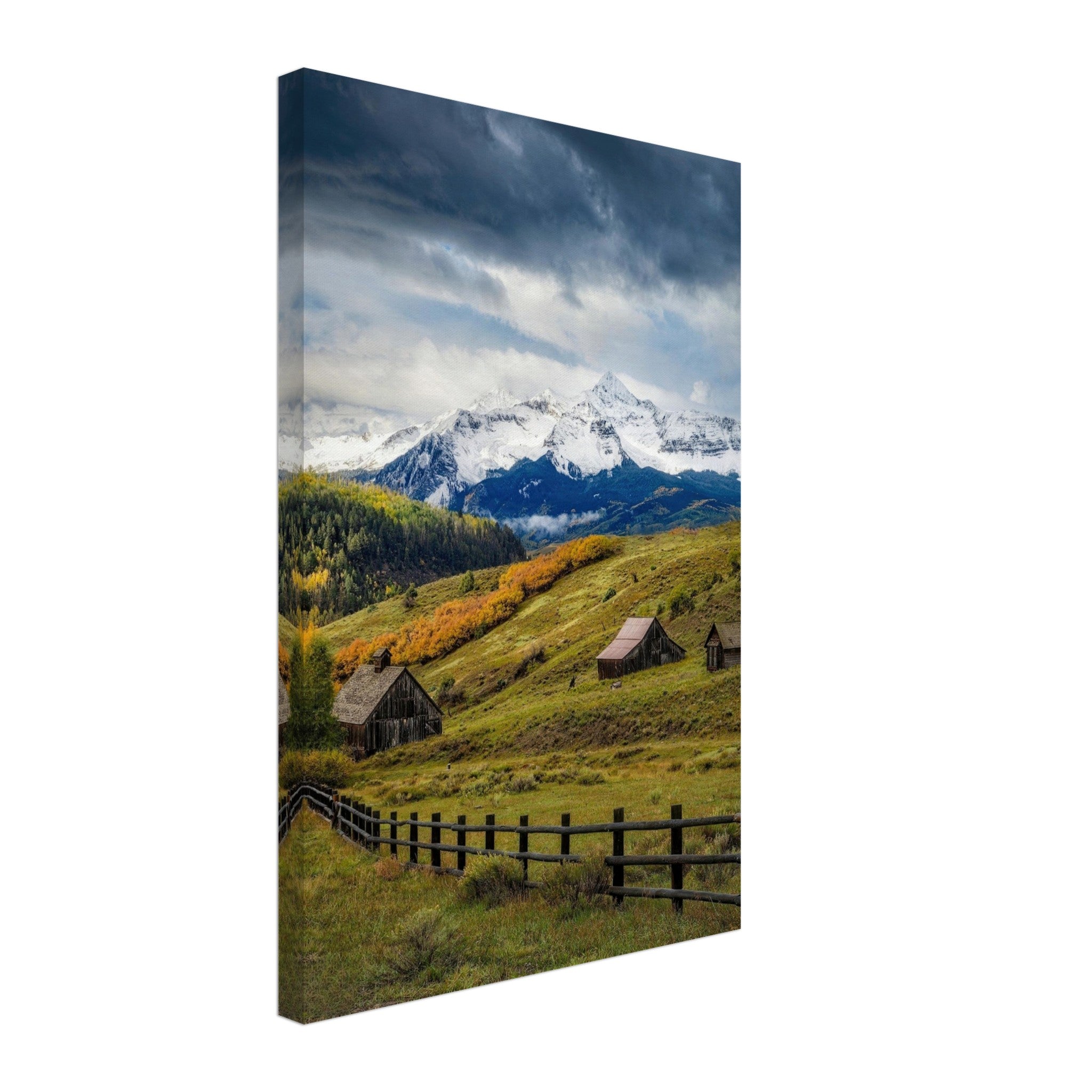 Telluride, Colorado canvas artwork featuring rustic cabins and snow-capped mountains amidst autumn foliage.