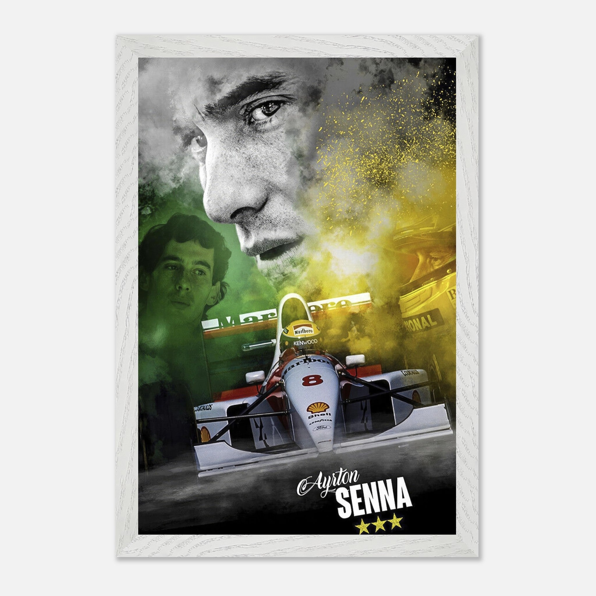 Ayrton Senna fine art print featuring his portrait and iconic McLaren F1 car in vivid colors.