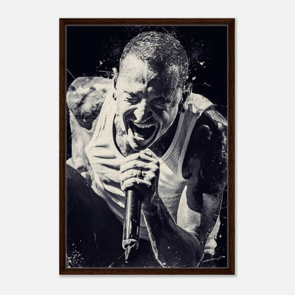 Framed canvas print of Chester Bennington performing passionately, perfect for Linkin Park fans.