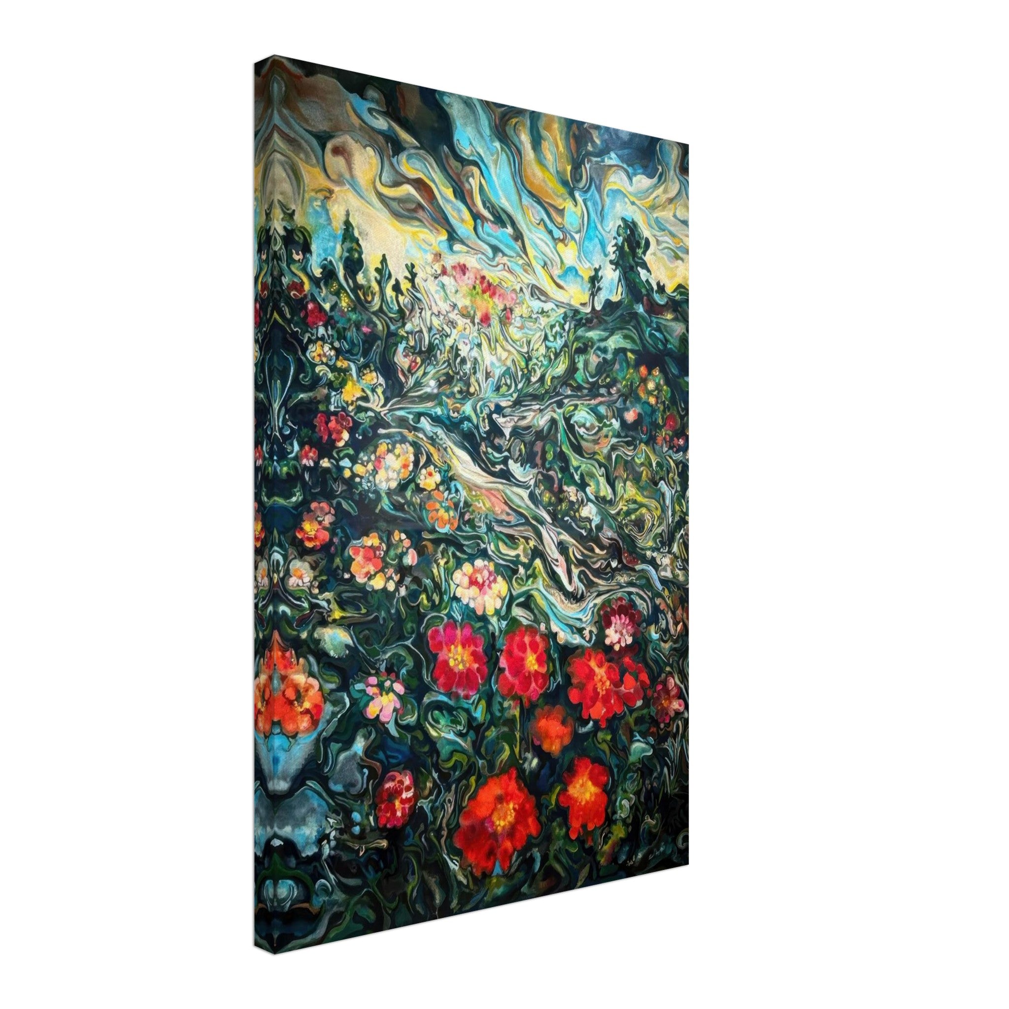 Vibrant abstract floral landscape painting canvas print with swirling colors and intricate details.