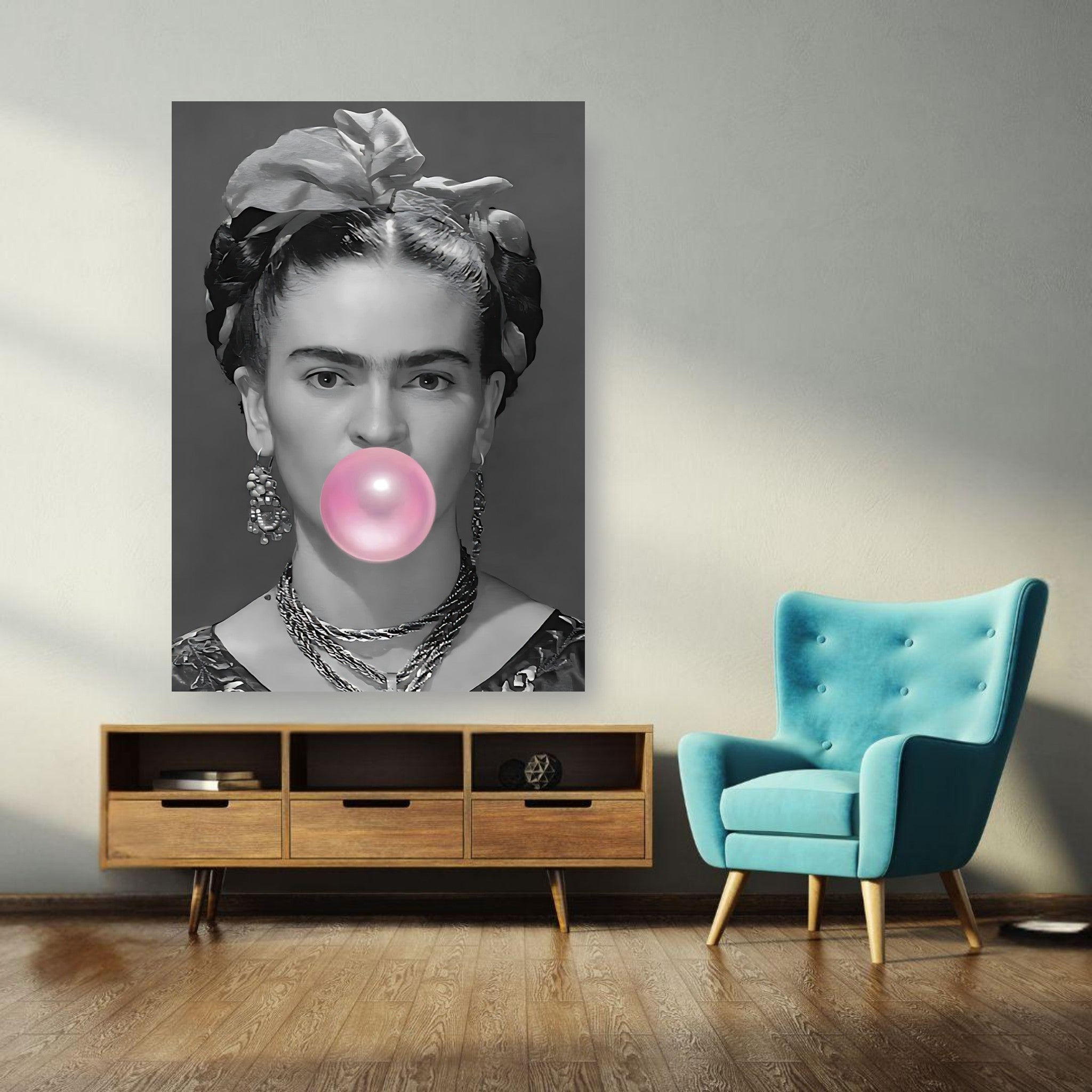 Frida Kahlo poster blowing bubble gum in a modern living room setting, blending elegance with playful charm.