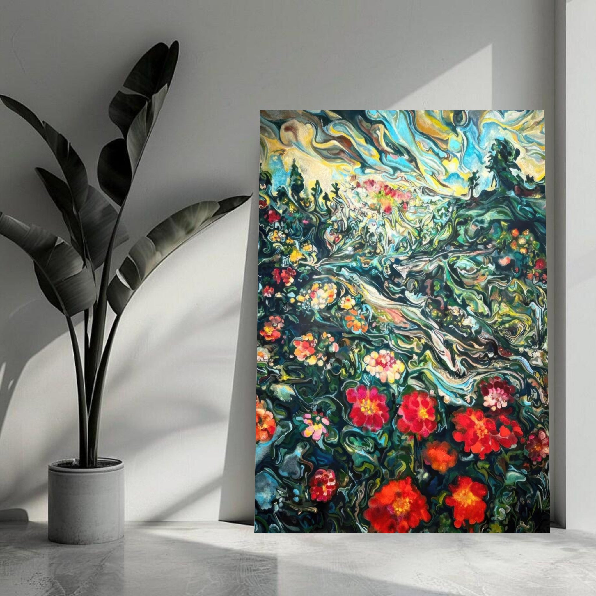 Abstract floral landscape painting metal print with vibrant colors, showcasing red and pink flowers in a lush green setting.