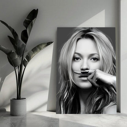 Kate Moss Mustache metal print showcasing a stylish woman with a playful mustache in a modern decor setting.