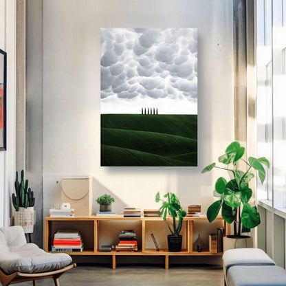 Toscana metal print featuring rolling hills and cypress trees in a modern living space.