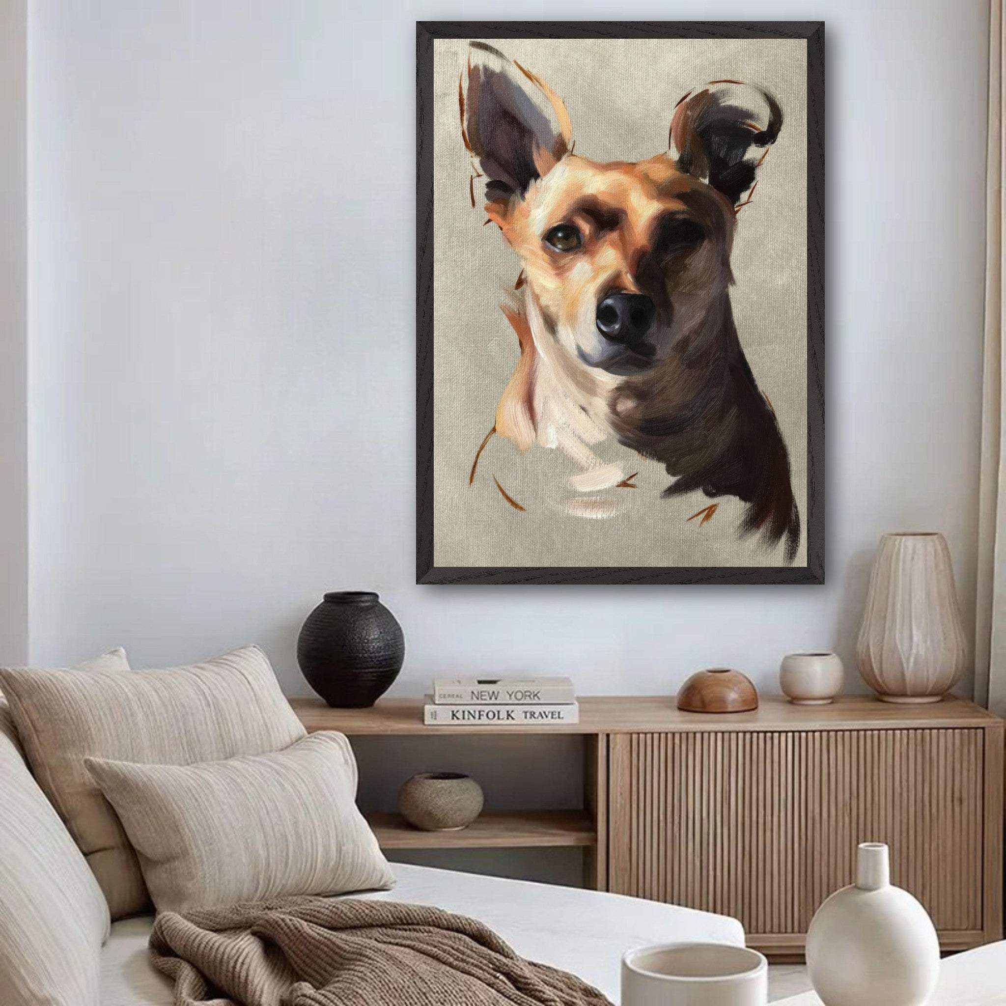 Charming Chihuahua dog painting displayed in a modern living room, highlighting expressive details and fine art quality.