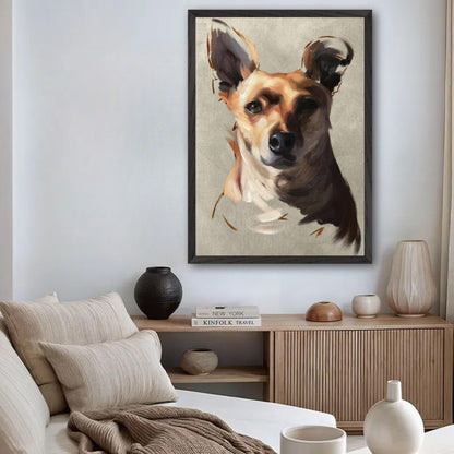 Charming Chihuahua dog painting displayed in a modern living room, highlighting expressive details and fine art quality.