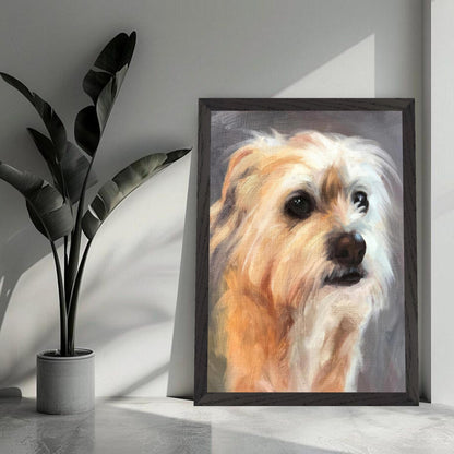 Terrier dog vintage painting in a framed print, showcasing soft brushstrokes and expressive features.