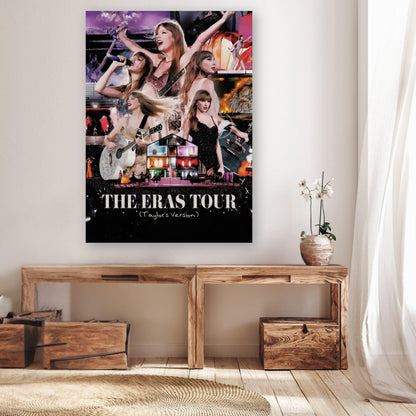 Taylor Swift Eras Tour poster featuring vibrant collage of performances, displayed in a stylish room setting.