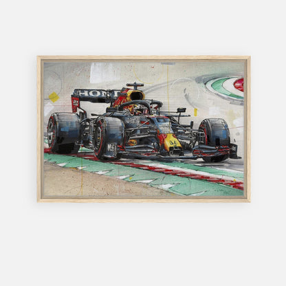 Max Verstappen framed canvas print featuring his Red Bull car in action on the racetrack with vibrant colors and details.