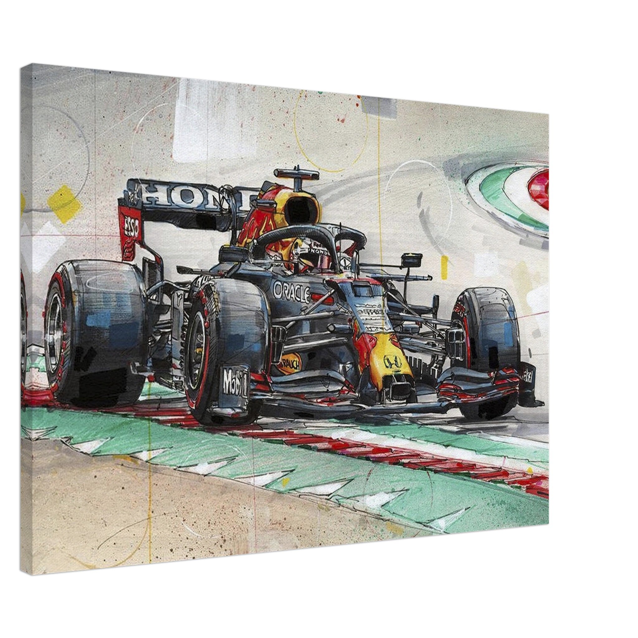 Max Verstappen racing car painting on canvas, vibrant details capturing the thrill of Formula 1 action.