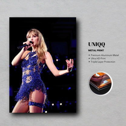 Taylor Swift performing on stage captured in a premium metal print, showcasing vibrant colors and stunning detail.