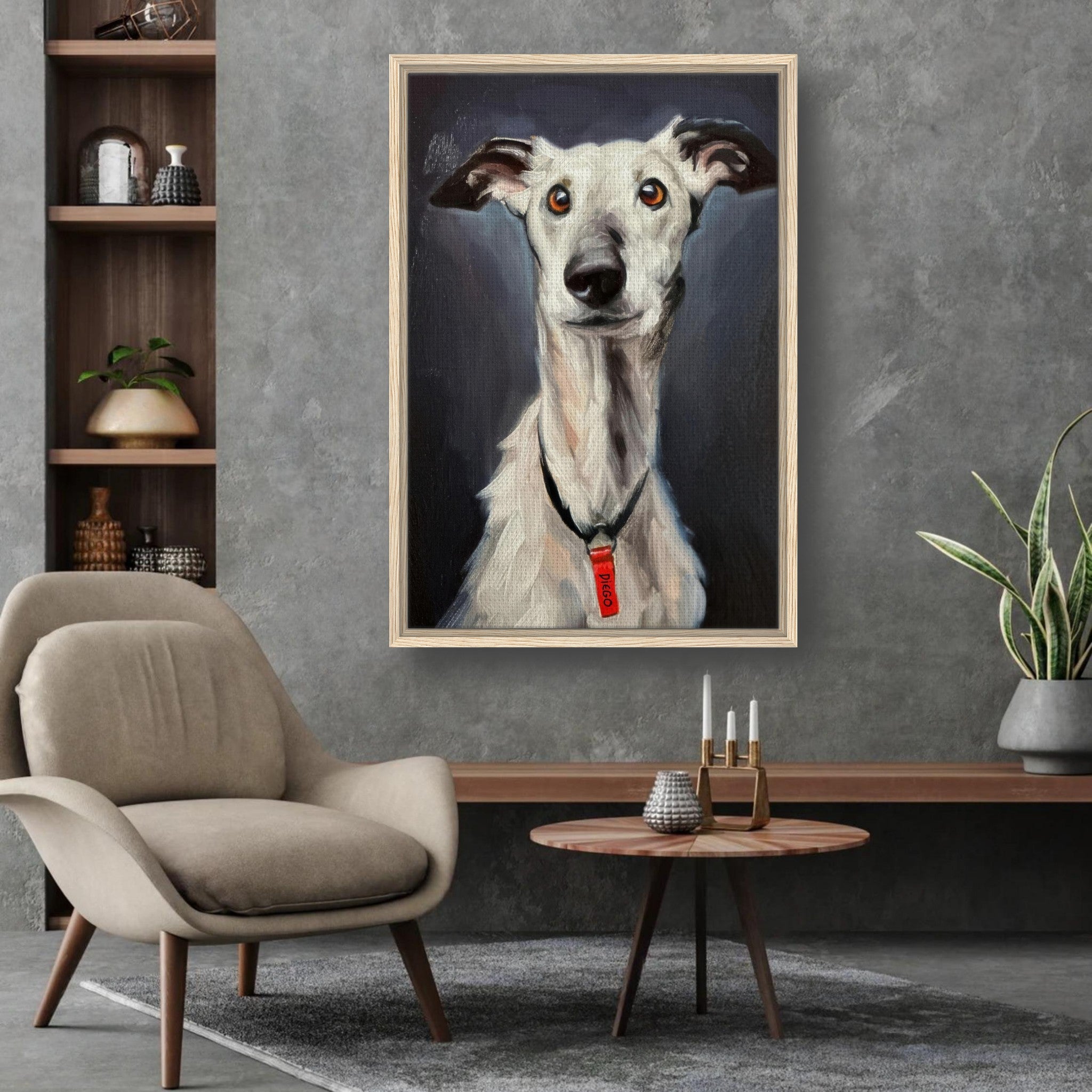 Framed Greyhound Dog Painting adding elegance to modern living space with a cozy chair and decor.