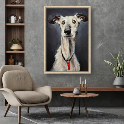 Framed Greyhound Dog Painting adding elegance to modern living space with a cozy chair and decor.