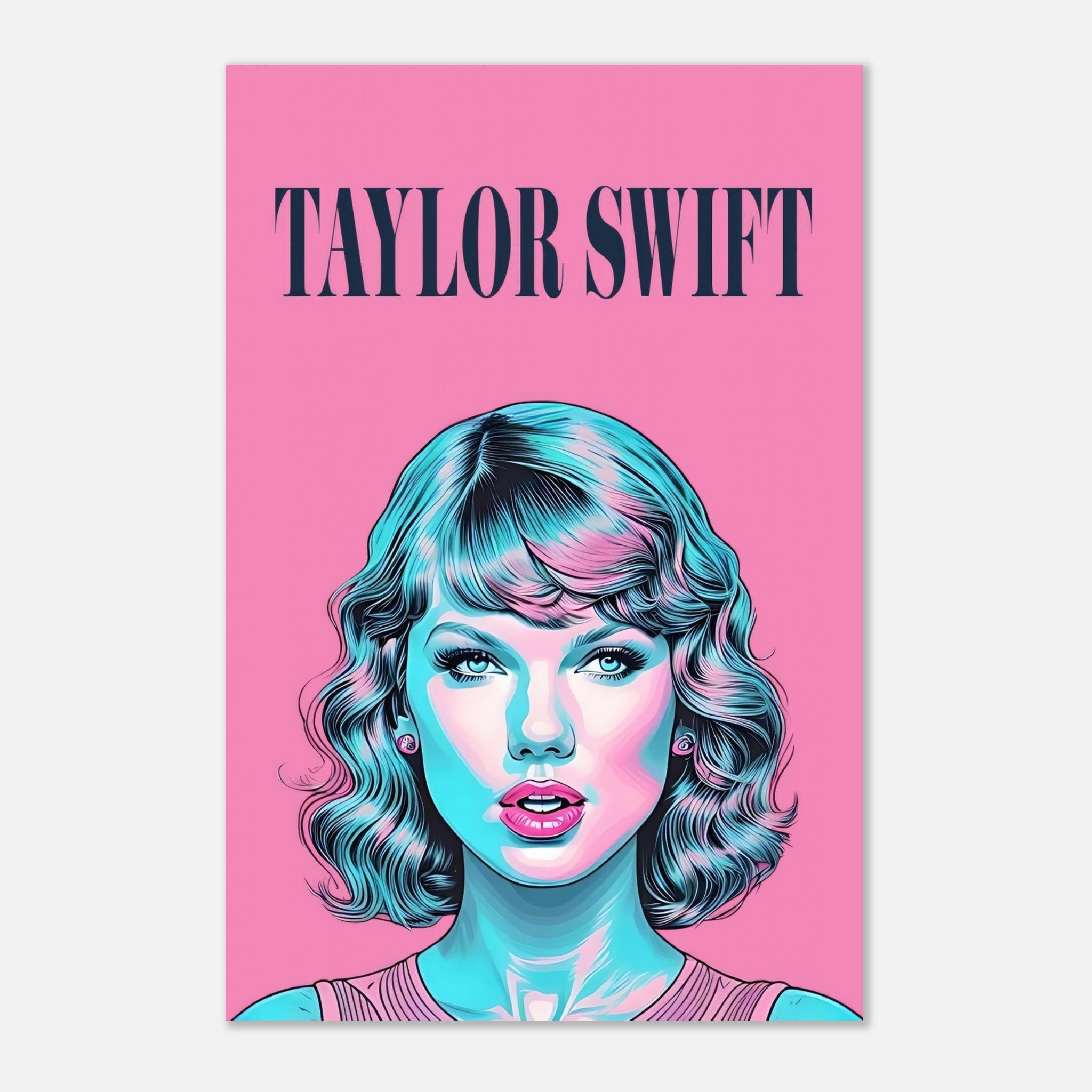 Taylor Swift pop art metal print featuring vibrant pink and teal hues, capturing her dynamic persona in bold detail.