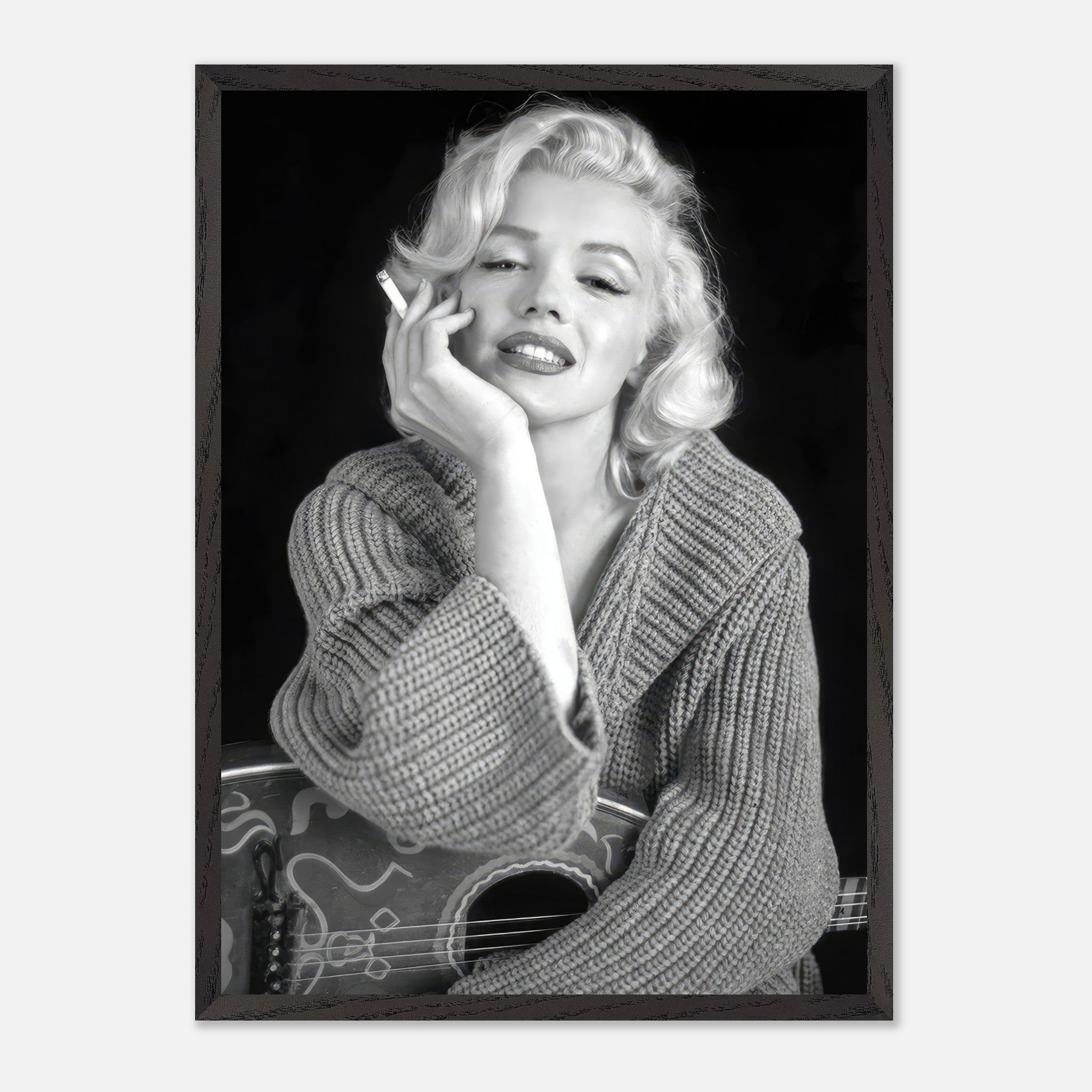 Marilyn Monroe smoking with guitar in a vintage black-and-white framed print, showcasing classic Hollywood glamour.