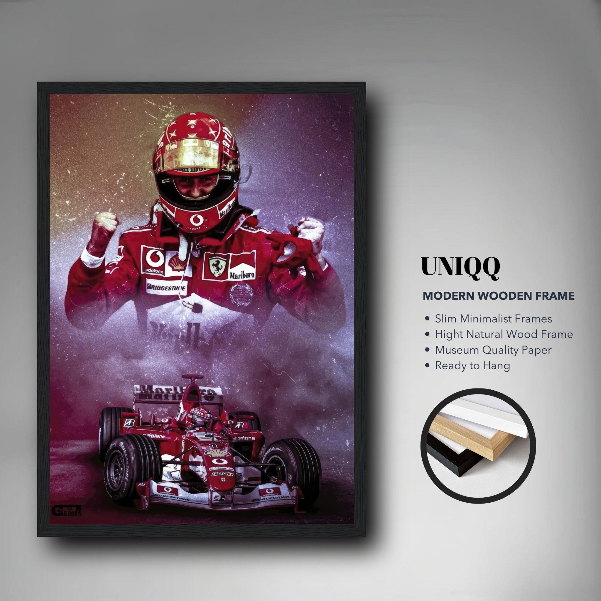 Framed print of Michael Schumacher in Ferrari F1, showcasing vibrant imagery and premium quality craftsmanship.