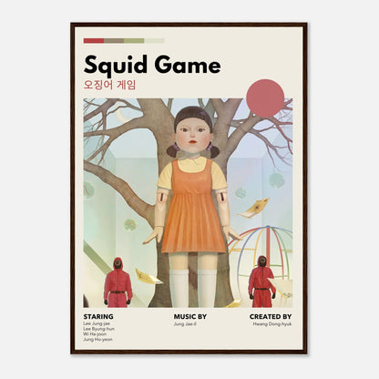 Vintage Squid Game framed poster featuring the iconic Red Light, Green Light doll in a retro design.