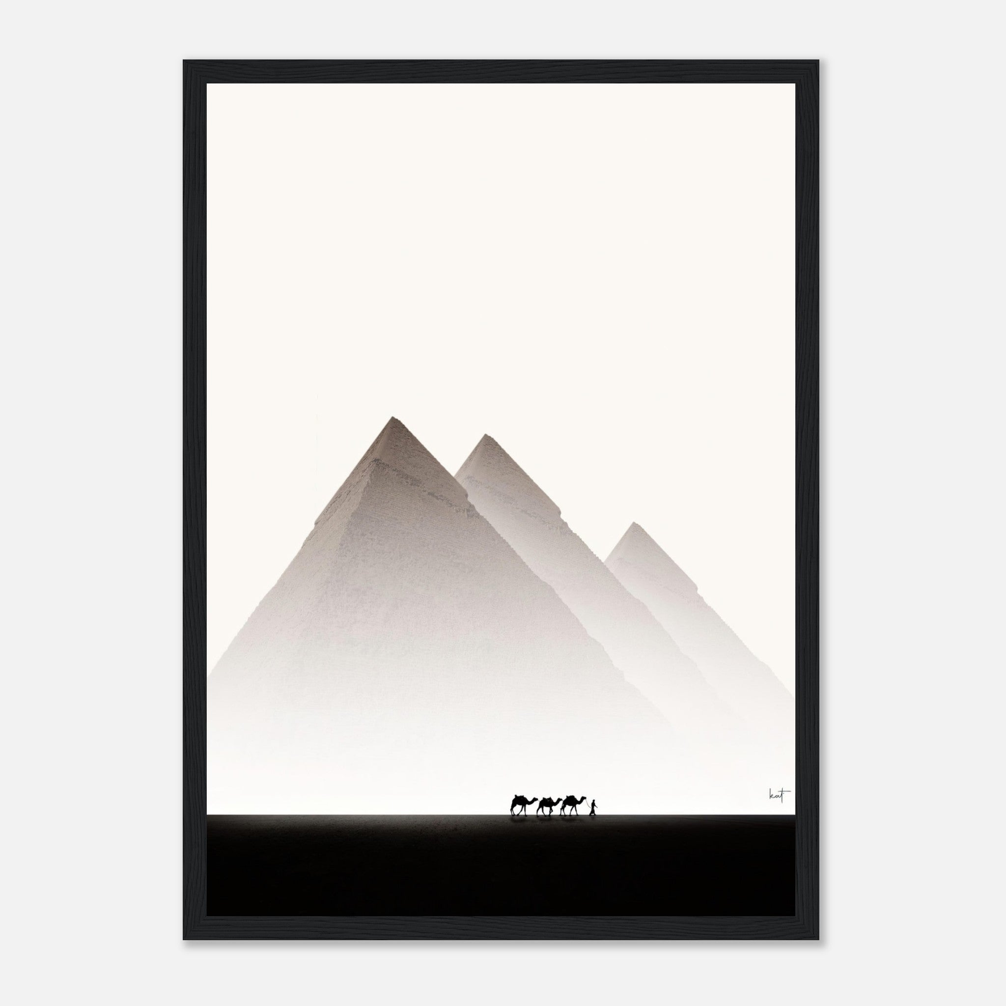 Framed print of Pyramids of Giza featuring travelers on horses, showcasing Egypt's ancient architecture and desert landscape.