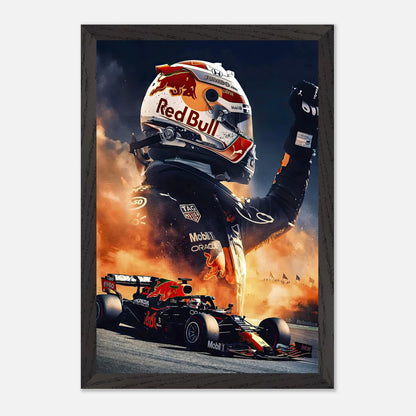 Max Verstappen Red Bull fine art print showcasing F1 excitement and vibrant details in a framed presentation.