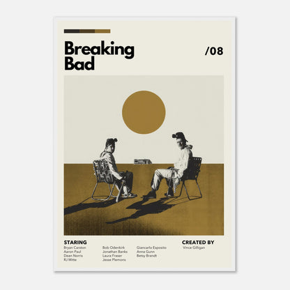 Vintage Breaking Bad framed print featuring Walter White and Jesse Pinkman, minimalist design with earthy tones and bold sun motif.