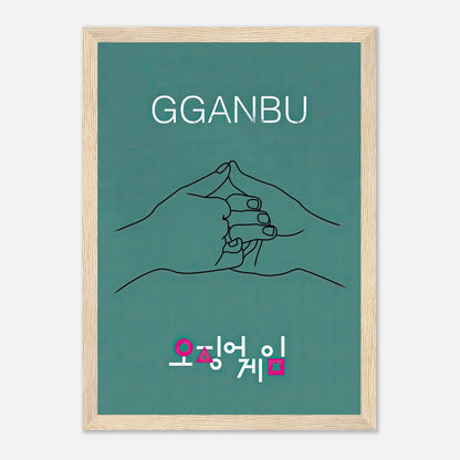 GGANBU Squid Game framed print featuring minimalist design of handshake with teal background and Korean text.