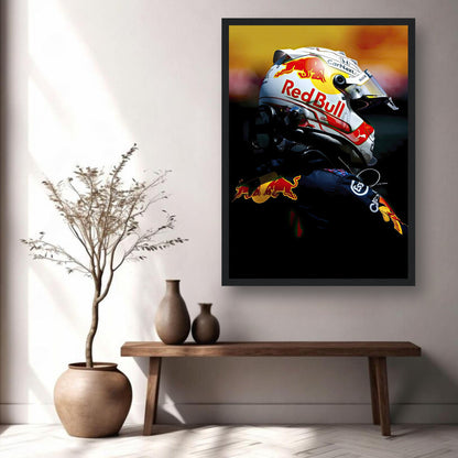 Framed print of Max Verstappen in Red Bull helmet, showcasing vibrant colors and dynamic racing spirit for decor.