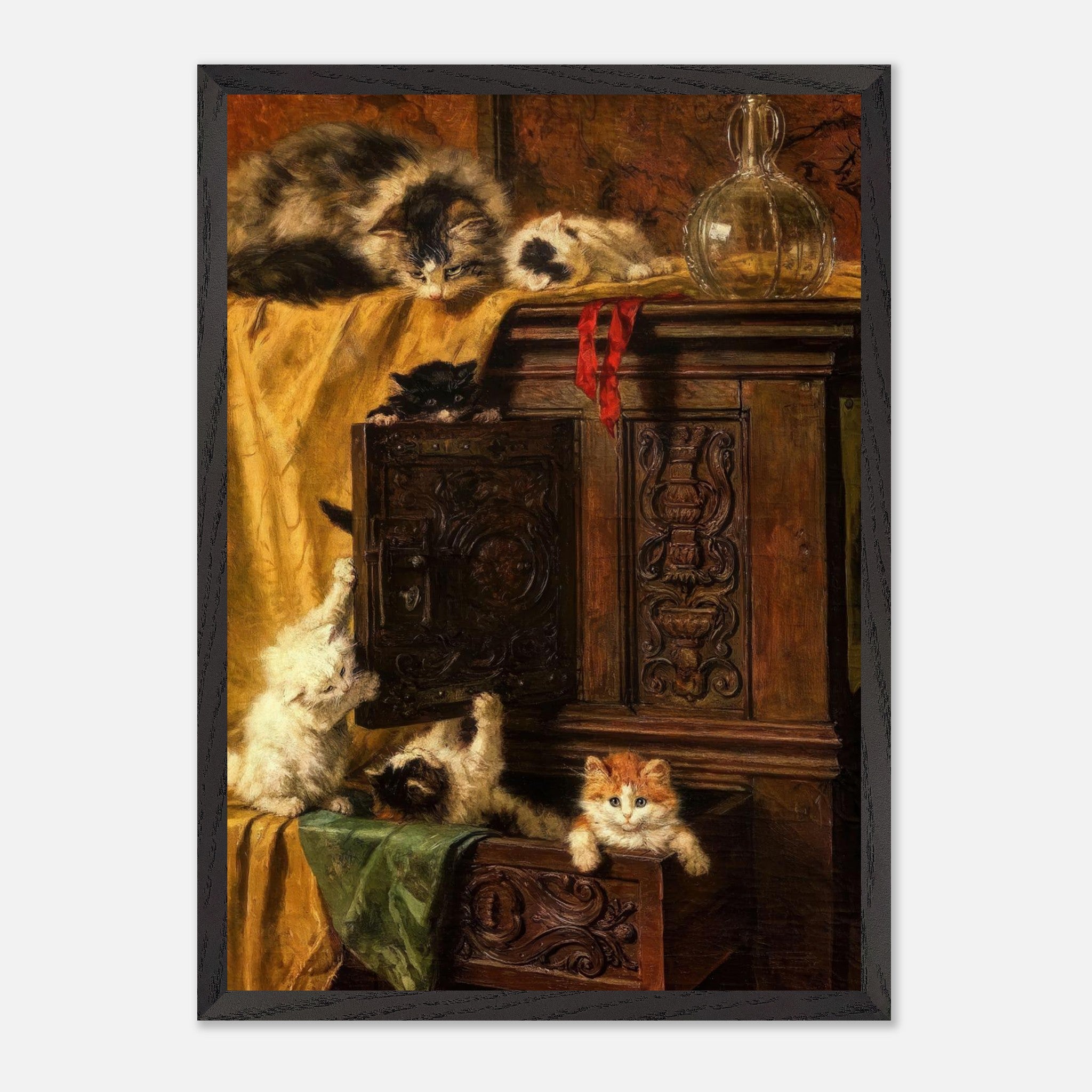Vintage cat painting of playful kittens exploring a wooden cabinet, framed artwork for charming home decor.