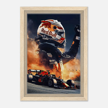 Max Verstappen framed canvas print featuring Red Bull F1 art, showcasing speed and excitement in racing decor.