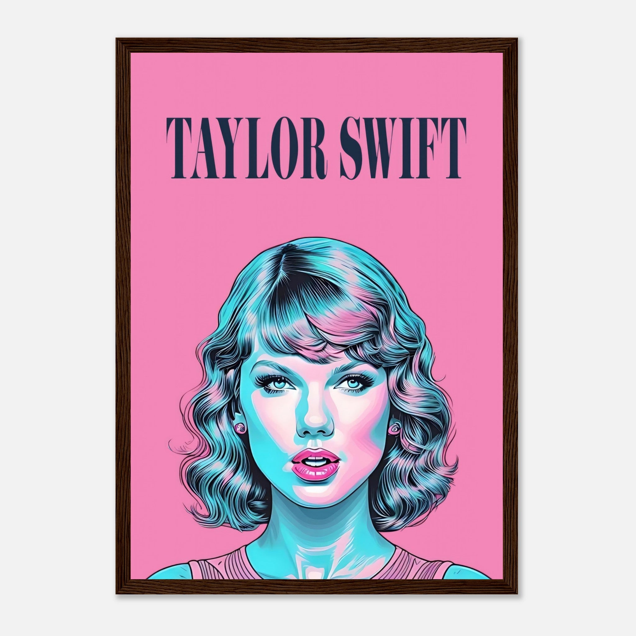 Taylor Swift pop art framed poster with vibrant pink background and turquoise highlights, perfect for fans and art lovers.