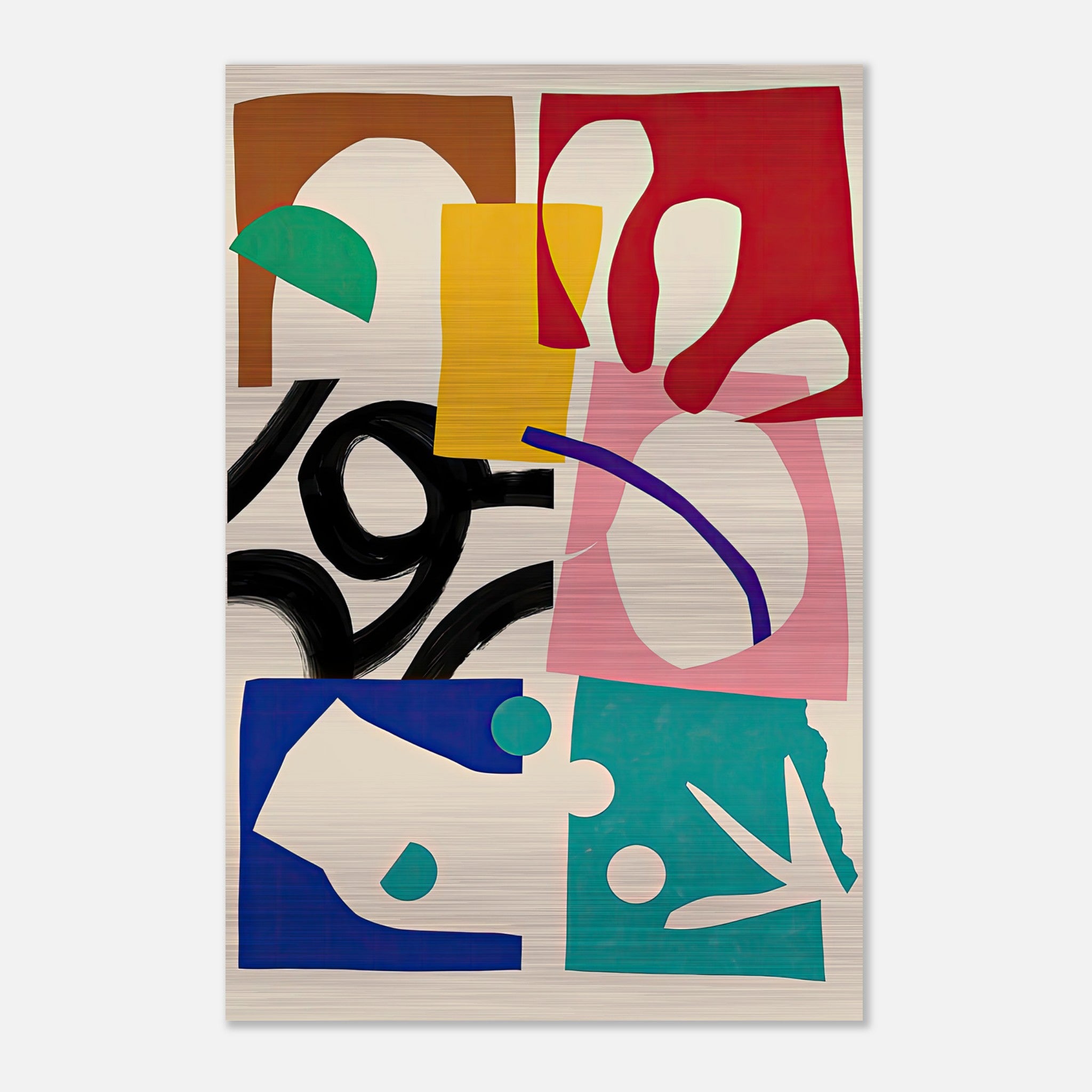 Abstract Harmony print featuring bold geometric shapes on brushed metal, perfect for modern decor.