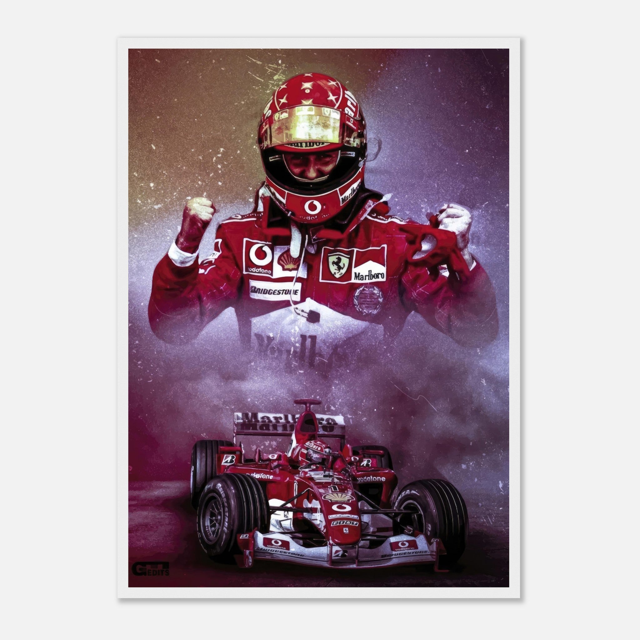 Michael Schumacher framed print showcasing his Ferrari F1 moments with vibrant colors and dynamic imagery.