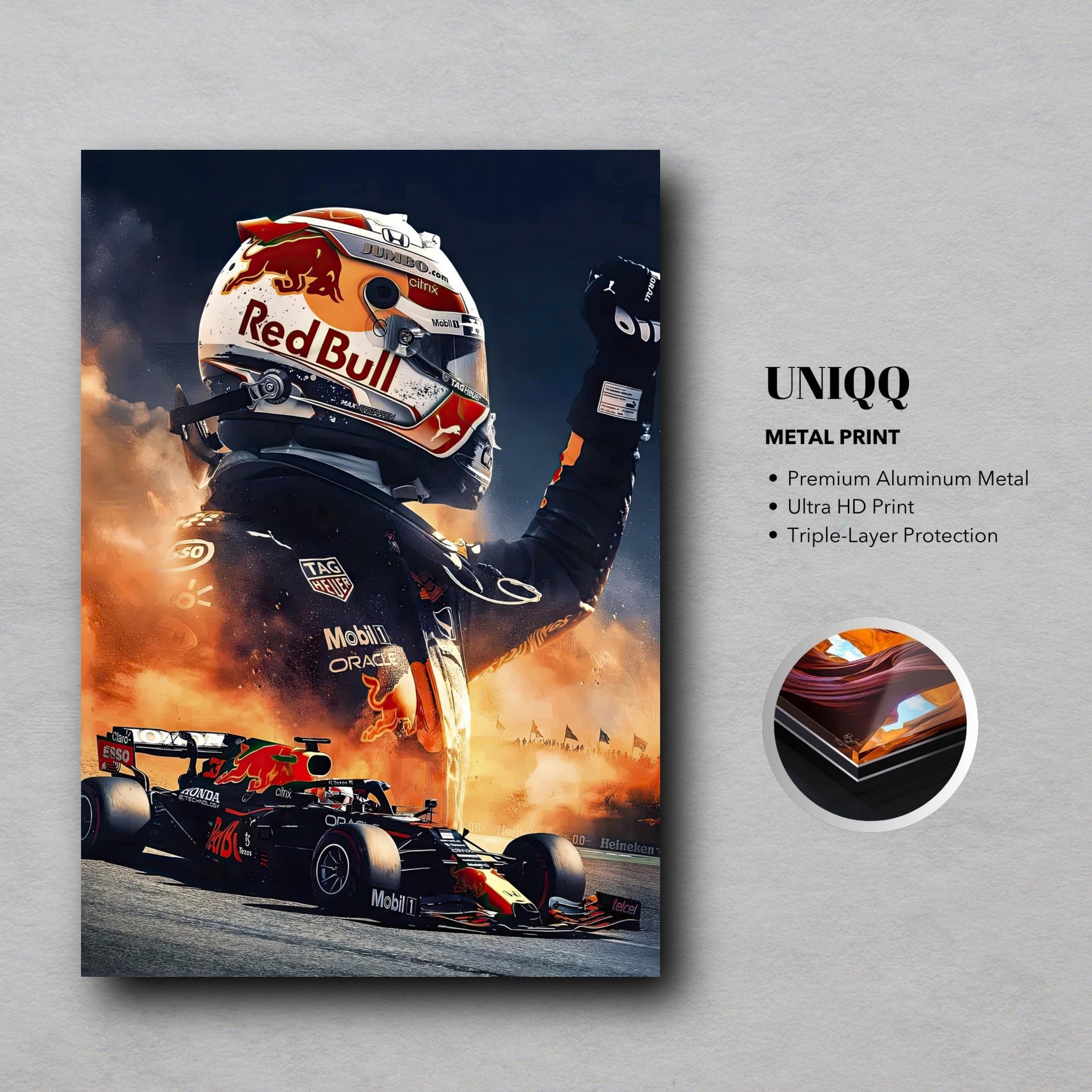 Max Verstappen Red Bull metal print showcasing vibrant F1 artwork on premium aluminum with HD clarity.