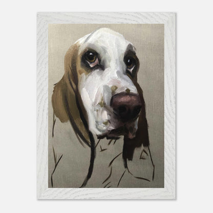 Basset Hound dog painting framed print showcasing expressive brushstrokes and soulful gaze.