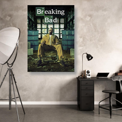 Walter White metal poster from Breaking Bad, featuring him in a yellow hazmat suit against an industrial backdrop.