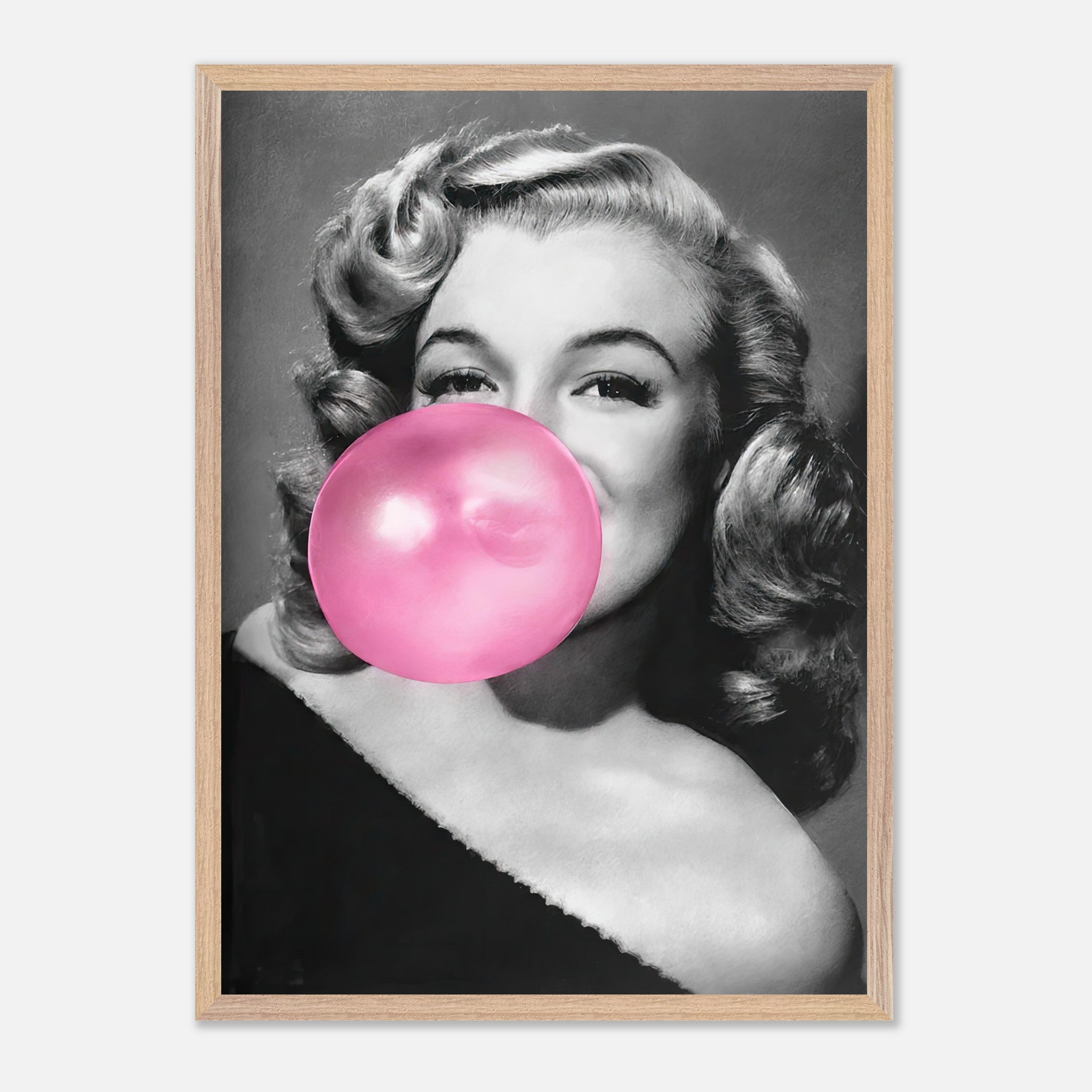 Marilyn Monroe vintage print with pink bubble gum, framed art for stylish wall decor.