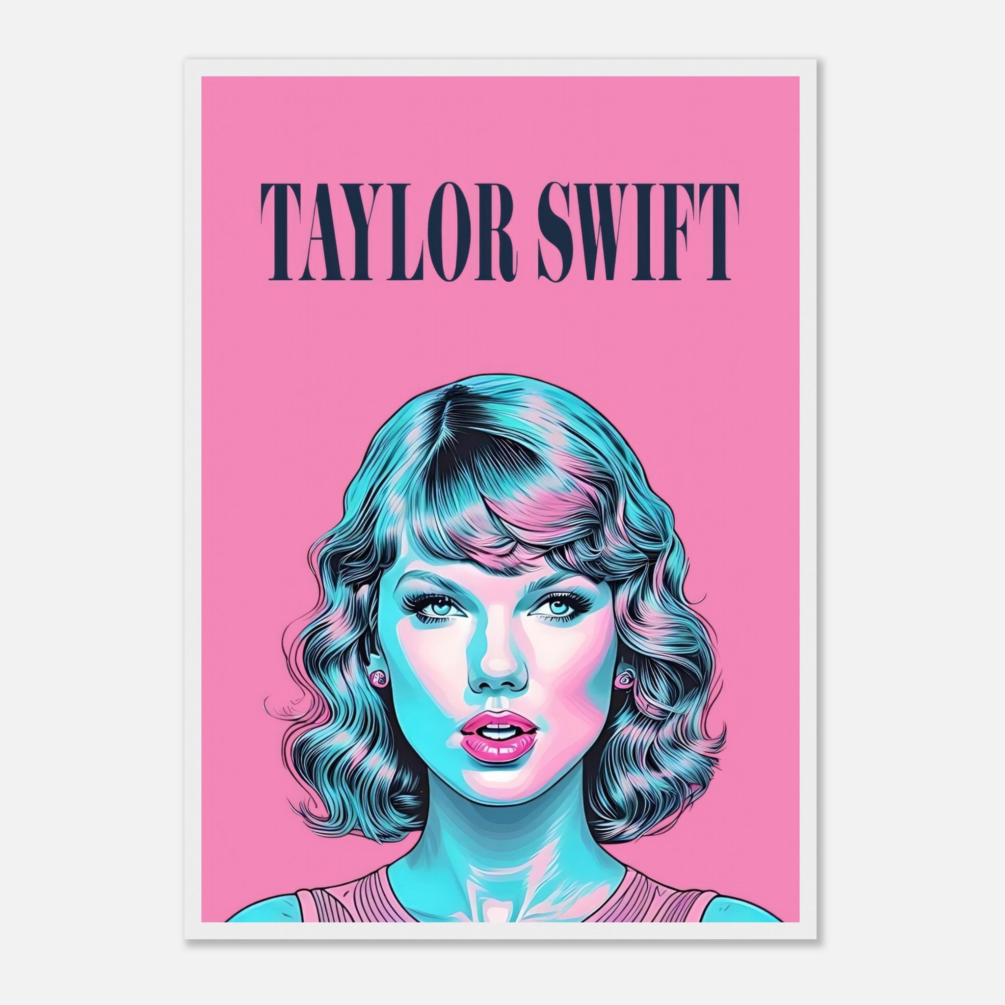 Taylor Swift Pop Art framed poster with bold pink background and turquoise highlights, perfect for fans and art enthusiasts.