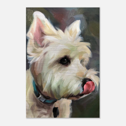 Lifelike painting of a West Highland White Terrier with playful expression on brushed metal surface.