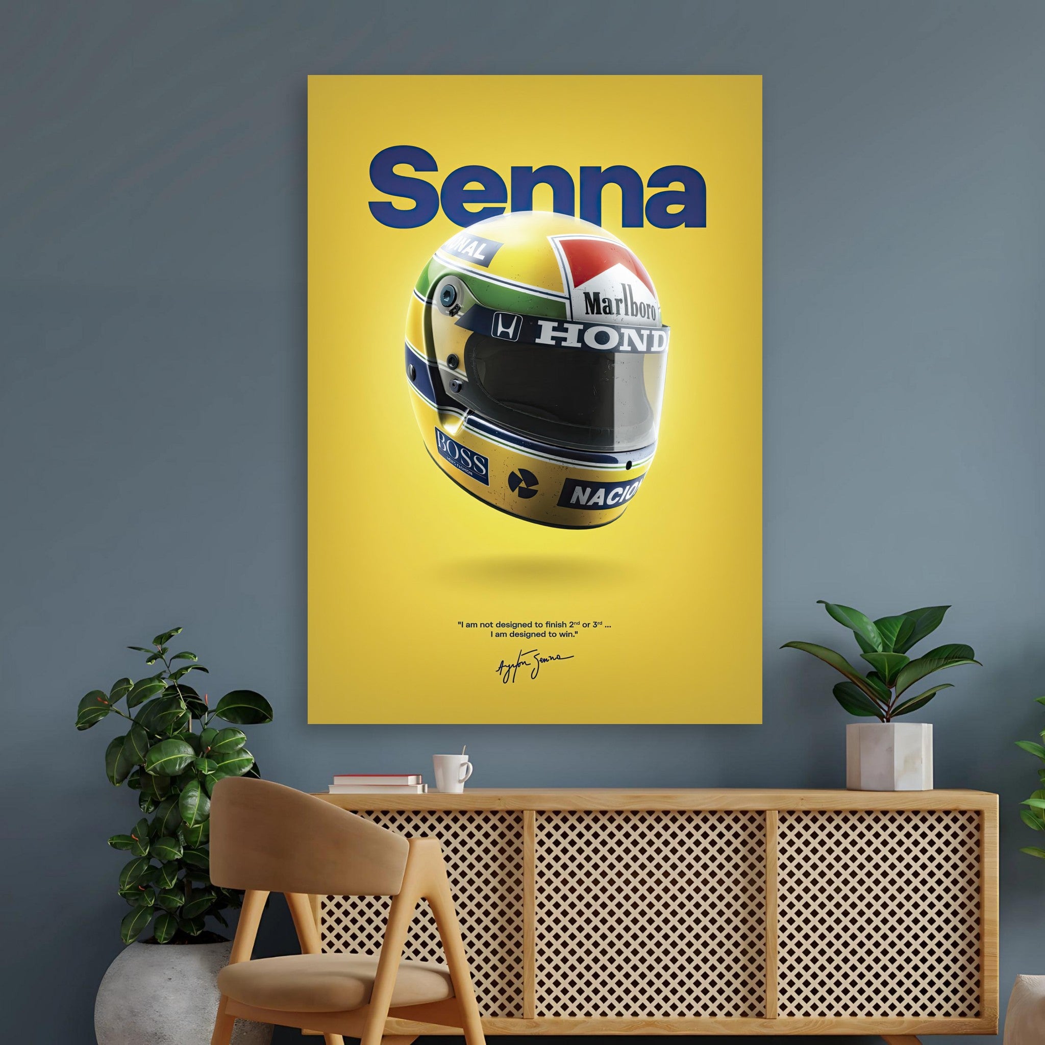 Ayrton Senna helmet poster featuring iconic yellow design and Honda, Marlboro branding on a vibrant yellow background.