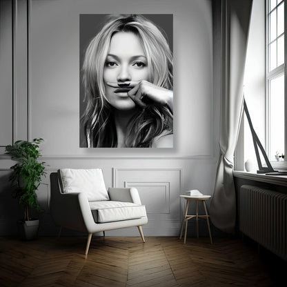 Kate Moss Mustache metal print displayed in a stylish living room, enhancing modern decor with a chic, playful design.