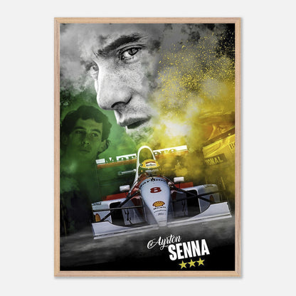 Ayrton Senna fine art print featuring iconic racing imagery and vibrant colors, framed in a stylish design.