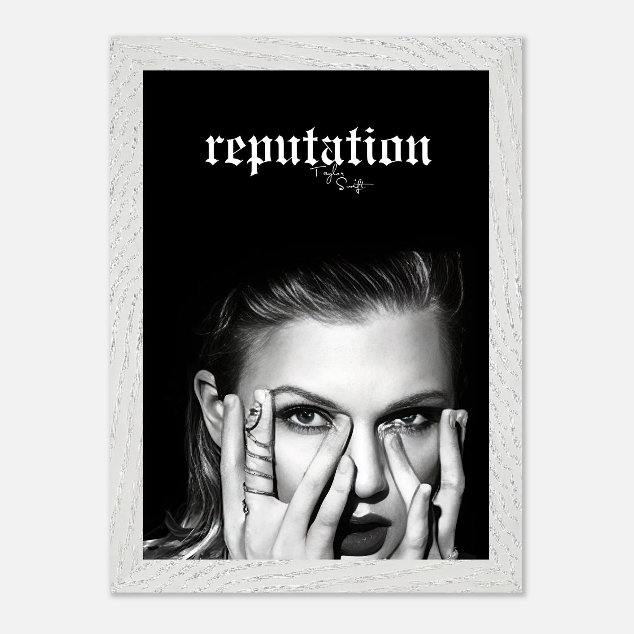 Vintage framed print of Taylor Swift's *Reputation* featuring a striking monochrome portrait and bold logo.